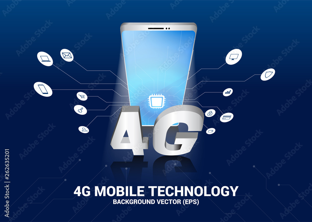 Poster mobile phone 3d with 4g and function icon.concept for mobile phone technology and telecommunication.