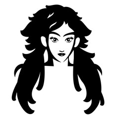 Vector Illustration of young face girl. Black and white portrait in a modern style design. Graphic icon of a women head.