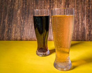 Two beer on a yellow bar