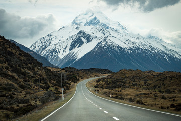 The long road to Mount Cook (3,764 metres) the highest mountains in South Island of New Zealand.