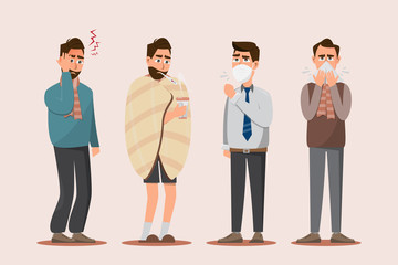 Set of sick people feeling unwell, headache, having cold, seasonal flu, cough and running nose.