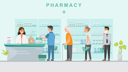 pharmacy with pharmacist  in counter and people buying medicine.