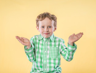School age boy in green shirt shrugging shoulders confused expression