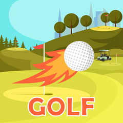 Fiery Golf Ball Fly Near Hole Marked with Red Flag