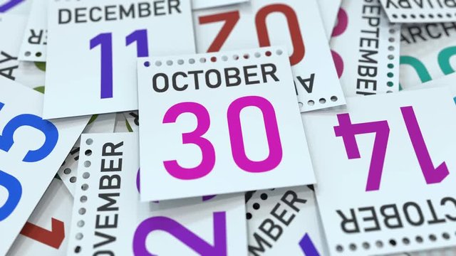 October 30 date on emphasized calendar page, 3D animation