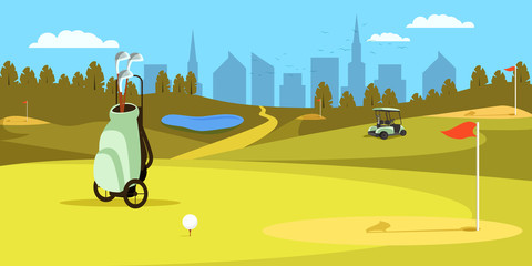 Bag with Clubs Standing on Green Golf Field. Sport