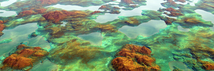 Colorful panoramic landscape: lake and mountains highlands landscape, aerial view of miniature world.  (Plane backplate, 3D rendering computer digitally generated illustration.)