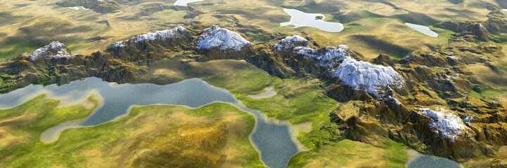 Colorful panoramic landscape: lake and mountains highlands landscape, aerial view of miniature world.  (Plane backplate, 3D rendering computer digitally generated illustration.)