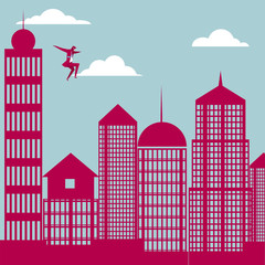 Obraz premium Businessman jumps down from the tall building. The background is blue.