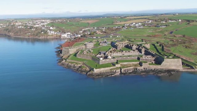 Wide aerial view over Charles Fort, Kinsal, Ireland on sunny cloudless day