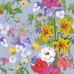 Floral background seamless vector. Lilies, pansies, geranium,Petunia, Echinacea on a romantic pattern.