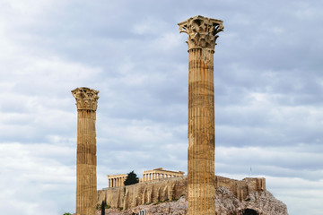 Fototapeta na wymiar Acropolis view from temple of Olympian Zeus two pillars