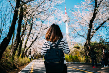 Young woman traveler backpacker traveling into N Seoul Tower at Namsan Mountain in Seoul City,...