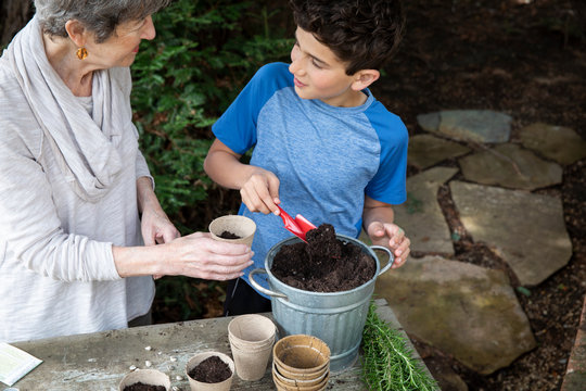 Boy and his grandmother planting seeds for the garden