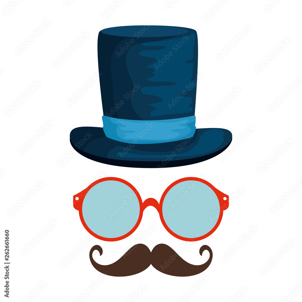 Wall mural eyeglasses and mustache with tophat hipster style