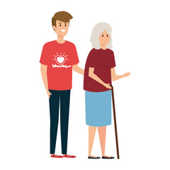 young man volunteer helping a grandmother