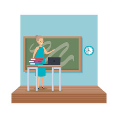 teacher female in desk with laptop and books classroom scene