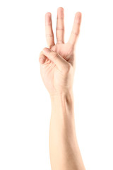 Hand show finger number three isolated on white background with clipping path.