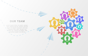 Business concept of teamwork with people icons on abstract background with gears, flat style business mechanism or organization planning and team management.