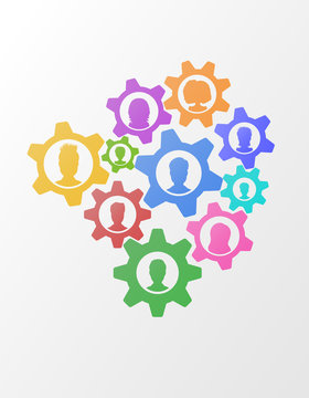 Business concept of teamwork strategy on abstract background with gears, flat style business network mechanism with people icons. Team management  illustration