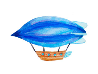watercolor illustration of cute retro vintage airship, dirigible, hot air balloon, isolated on white background