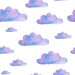 watercolor seamless pattern with cute clouds isolated on white