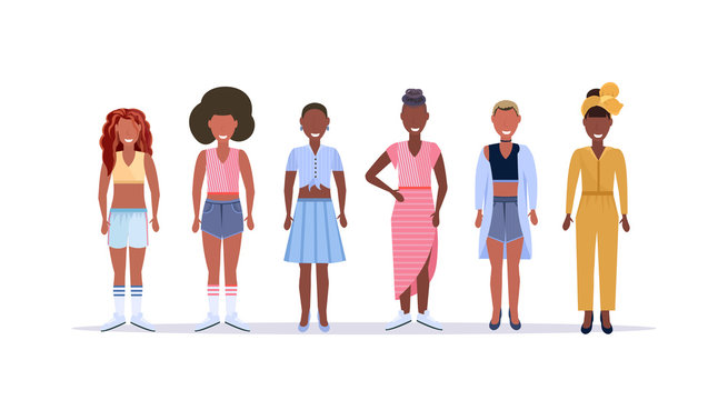 happy casual women standing together smiling african american ladies with different hairstyle female cartoon characters full length flat white background horizontal