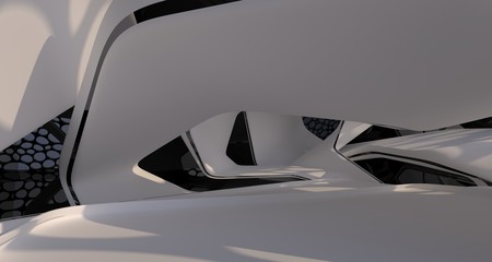 Abstract dynamic interior with black smooth objects. 3D illustration and rendering