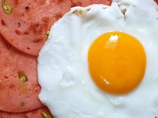 Top view of fried egg on fried pork ham sliced or bologna as a background, Sunny side Up