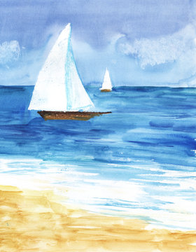 Two white sailboats in the endless blue sea under the sky. In the foreground a sandy beach. Hand-drawn watercolor illustration.