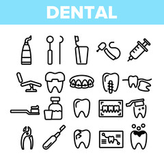 Dental Services, Stomatology Linear Vector Icons Set. Dentistry Clinic Thin Line Symbols Pack. Dentist Equipment Pictograms. Oral Cavity Treatment, Teeth Cure. Orthodontics Tools Outline Illustrations