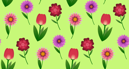 Fototapeta premium floral seamless pattern of tulips, daisies and cornflowers on a green background