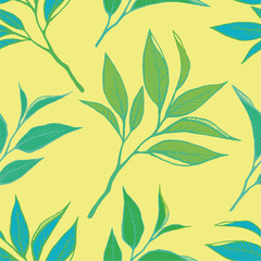Floral seamless pattern with tea leaves. Hand drawn tea leaves background. Vector illustration on yellow. For textile, paper, decoration and wrapping.