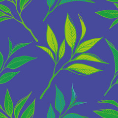 Fototapeta na wymiar Floral seamless pattern with tea leaves. Hand drawn tea leaves background. Vector illustration on blue. For textile, paper, decoration and wrapping.