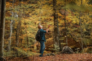 Naklejka premium Redhead man in a plaid shirt and purple t-shirt walks through the autumn forest with his hands raised and enjoys the leaves falling from the trees. Autumn, travel and happiness concept.