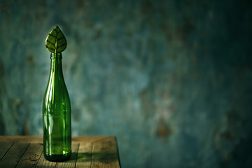 Glass green empty bottle