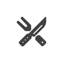 BBQ fork and knife vector icon. filled flat sign for mobile concept and web design. Crossed barbeque tools glyph icon. Symbol, logo illustration. Pixel perfect vector graphics