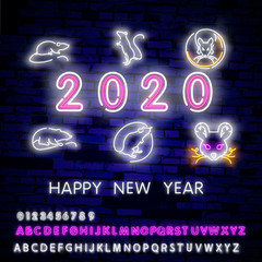 Two thousand twenty neon sign with joyful neon rat 2020 on brick wall background. Vector illustration in neon style for Christmas banners, New Year posters, party invitation