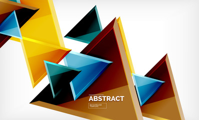 Triangles repetiton geometric abstract background, multicolored glossy triangular shapes, hi-tech poster cover design or web presentation template with copy space