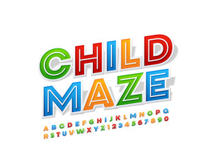 Vector colorful label Child Maze with creative Alphabet. Uppercase bright Font. Set of trendy Letters and Numbers 