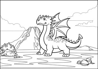 black and white coloring page dragon and volcano mountain
