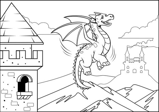 black and white coloring page dragon in the castle