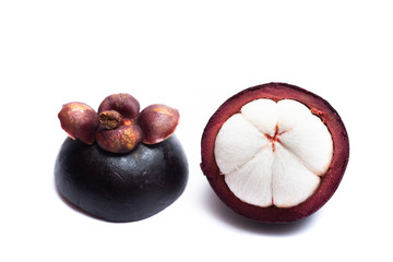 Mangosteen whole and half cut isolated on white background. Mangosteen is a queen of fruit in Thailand and asia fruit have a sweet. Mangosteen background. Mangosteen is a popular fruit in Thailand.