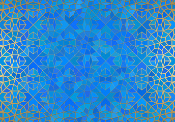 Abstract background with islamic ornament, arabic geometric texture. Golden lined tiled motif.