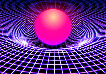 Black hole or gravity grid with glowing ball or sun in 80s synthwave and style