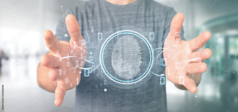 Poster businessman holding a digital fingerprint identification and binary code 3d rendering
