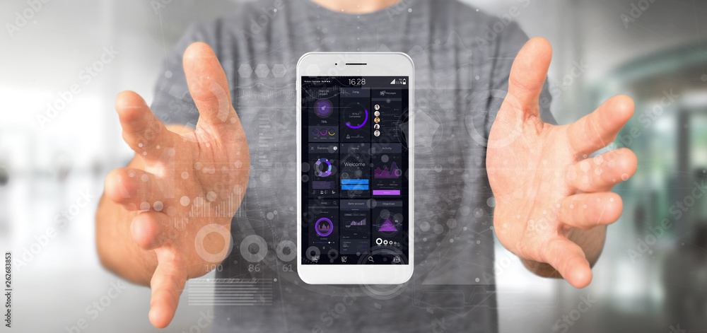 Poster businessman holding smartphone with user interface data on the screen isolated on a background