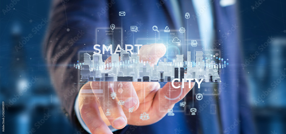Aufkleber businessman holding smart city user interface with icon, stats and data 3d rendering