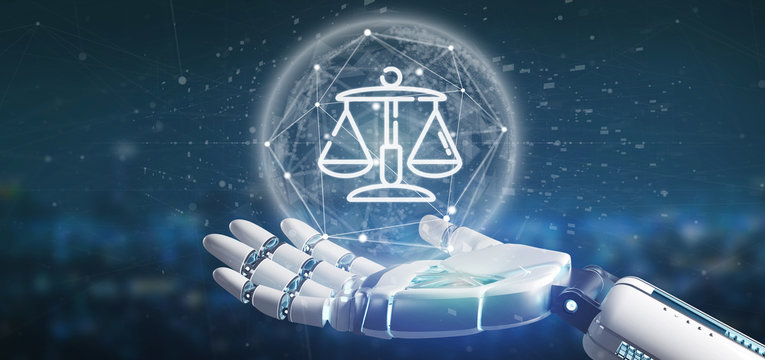 Cyborg hand holding Cloud of justice and law icon bubble with data 3d rendering