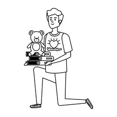 man volunteer with books and bear teddy